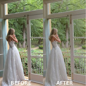May include: A before and after photo showing the difference in image quality. The photo on the left is blurry and the photo on the right is clear. Both photos show a person wearing a white wedding dress standing in front of a window.