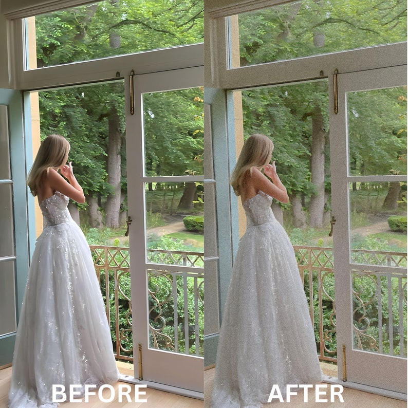 May include: A before and after photo showing the difference in image quality. The photo on the left is blurry and the photo on the right is clear. Both photos show a person wearing a white wedding dress standing in front of a window.