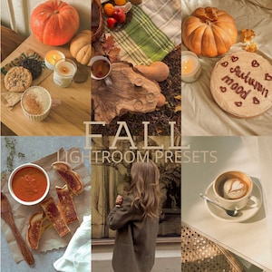 Könnte beinhalten: Eine Collage aus Bildern mit Herbstmotiven, darunter Kürbisse, Kerzen, Kaffee und eine Frau in einer braunen Jacke. Der Text "FALL LIGHTROOM PRESETS" wird in der Mitte des Bildes angezeigt.
