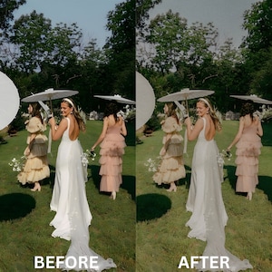 May include: Four people in a garden setting, wearing white and pink dresses, walking under white parasols. The person in the center is wearing a white wedding dress with a long train.