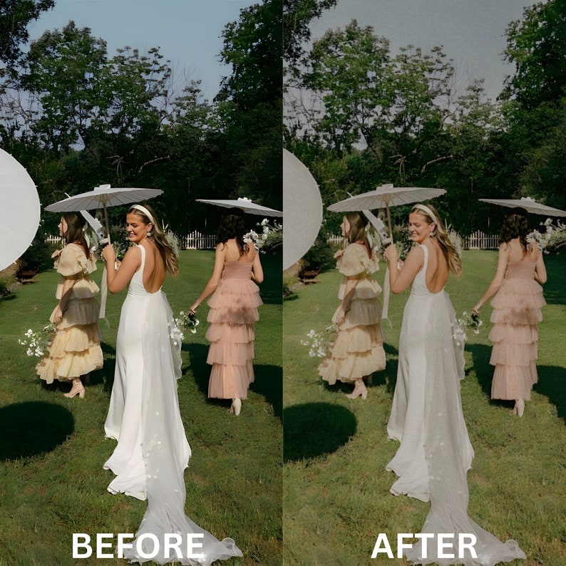 May include: Four people in a garden setting, wearing white and pink dresses, walking under white parasols. The person in the center is wearing a white wedding dress with a long train.