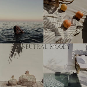 May include: A collage of images with a neutral color palette. The images include a person swimming in the ocean, oranges on a striped fabric, a wicker lampshade, and a pool with a white wall and a shadow of a palm tree.