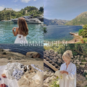 May include: A collage of summer images featuring a woman in a white dress, a woman in a white shirt, a boat in a bay, and a rocky shore with a wooden staircase.