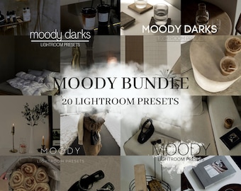 May include: A collage of images showcasing 20 Lightroom presets for creating moody, dark, and atmospheric photos. The presets are designed to enhance colors, add depth, and create a vintage feel. The images feature coffee, drinks, shoes, and other everyday objects.