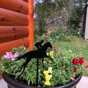 May include: A black metal silhouette of a horse and jockey in a flower pot. The horse is in mid-gallop, with the jockey in the saddle. The flower pot is filled with colorful flowers, including pink, yellow, and red blooms.