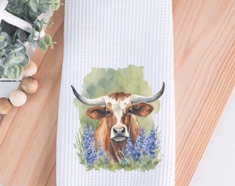 Texas Longhorn in Bluebonnets Tea Towel