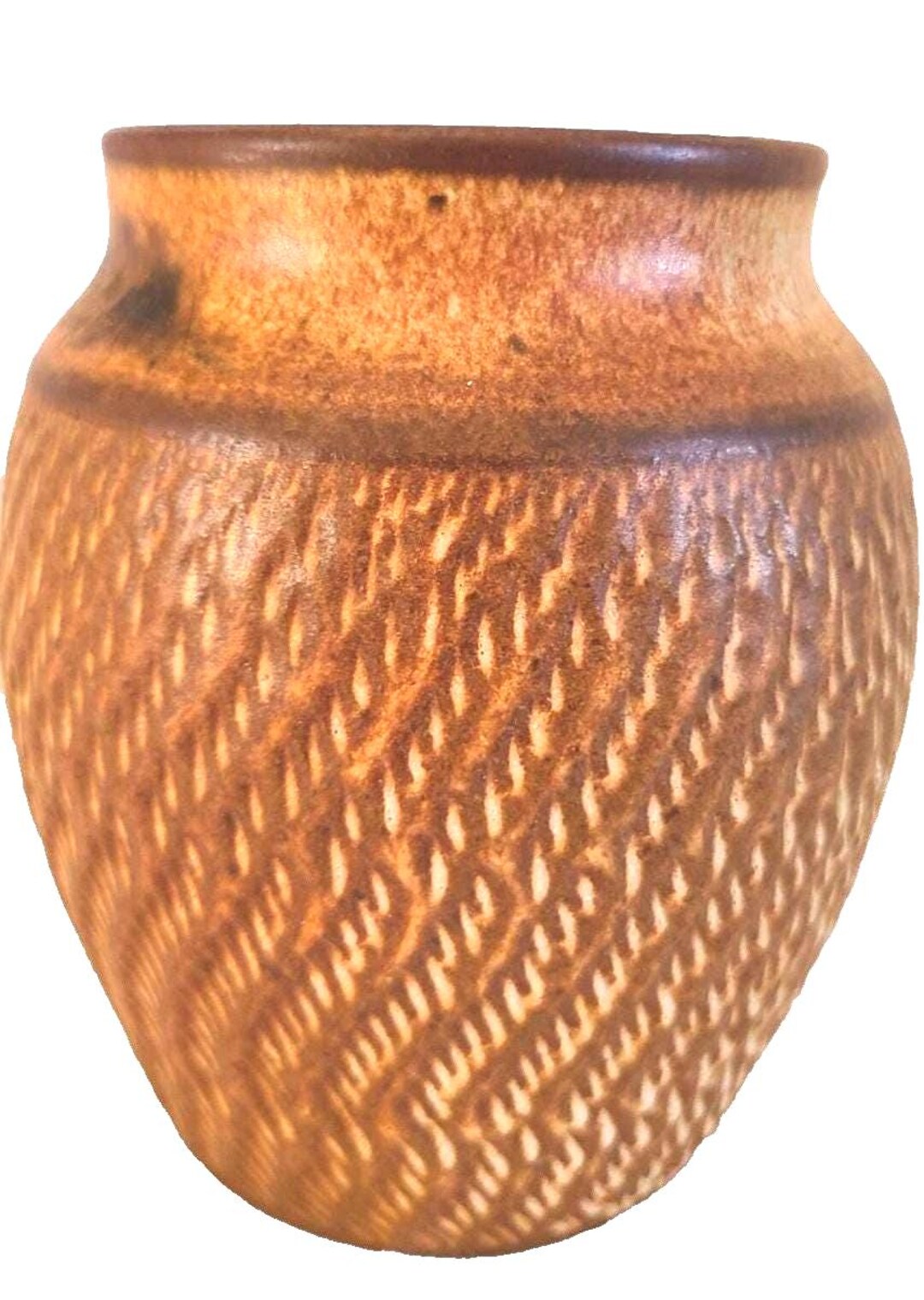 Signed Art Studio Pottery Vase Textural Incised Brown Glazed 6.5 ...