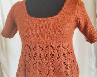 Vintage 1970's Hand Knitted Sweater Shirt Sz S Short Sleeve Orange Pull Over