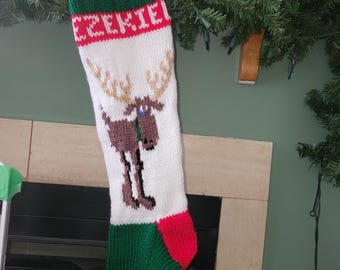 Moose / Reindeer Hand Knit Christmas Stocking
