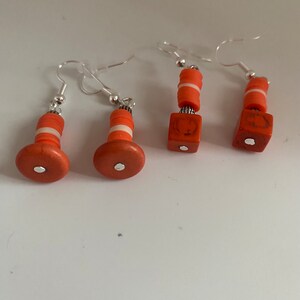 Handcrafted 2 Different Orange Clay Disc (1 in) Dangle Earrings, One Round End and One Cubed End Beads.