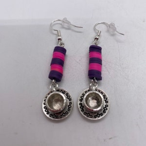 Handcrafted Coffee Cups with Pink & Purple Clay Disk (2 in) Dangle Earrings