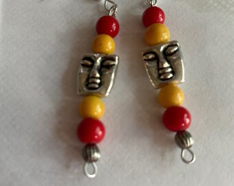 Handcrafted Silver Head with Red and Yellow Beads & Silver Small Metal Dangle Earrings on Silver Hooks