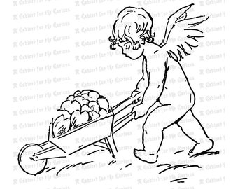 Vintage Edwardian Cupid with Wheelbarrow Full of Hearts  | Valentine's Day Vector Clipart | Romantic SVG PNG JPG