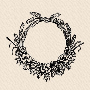 Vintage Grass and Floral Wreath Border | Antique Victorian Round Frame with Grasses and Flowers | Vector Instant Download SVG PNG JPG