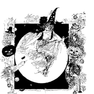 Vintage 1920s &quot;Modern&quot; Witch Vector Clipart / Pretty Retro Witch on Broom, vari simboli di Halloween Digital Instant Download SVG PNG JPG