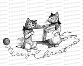 Digital Vintage Caroling Christmas Cats  | 1910s Xmas Merry Christmas Cats Vector Clipart Instant Download SVG PNG JPG
