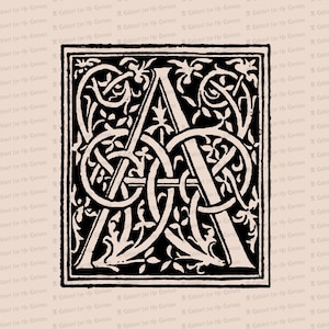 May include: A black and white illustration of the letter A in a decorative, ornate, and intricate font. The letter is surrounded by a floral design.