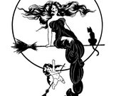 Vintage Edwardian "Modern" Witch Vector Clipart | Witch on Broom with Black Cat and Bat-winged cherub  Digital Instant Download SVG PNG JPG