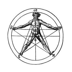 May include: A black and white illustration of a human figure inscribed within a circle and a five-pointed star. The figure's arms and legs are extended to touch the points of the star.