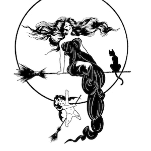 Vintage Edwardian "Modern" Witch Vector Clipart / Witch on Broom with Black Cat and Bat-winged cherub Digital Instant Download SVG PNG JPG