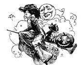 Vintage Edwardian 20th Century Witch Vector Clipart | Witch on Broom with Dog Jack-o-lantern Bats Moon Digital Instant Download SVG PNG JPG