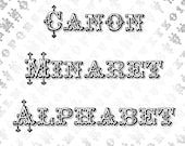 Vector Clipart Victorian Canon Minaret Ornamental Alphabet | Vintage Uppercase & Lowercase Serif Letters, Numbers, Punctuation SVG PNG