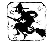 Digital Vintage 1920s Halloween Witch with Stars Silhouette Vector Clipart |Cute Halloween Witch on Broom Instant Download SVG PNG JPG