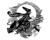 Vintage Witch Vector Clipart | Scary Witch Flying on Broom with Black Cat Digital Spooky Halloween Instant Download SVG PNG JPG