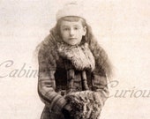 Antique Photo DOWNLOAD | Sweet Victorian Child with Long Hair, Winter Coat & Fur Muff | Little Girl Winter photograph digital png jpg