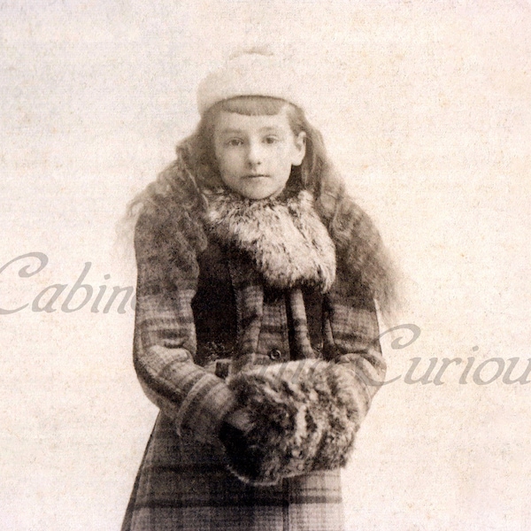 Antique Photo DOWNLOAD | Sweet Victorian Child with Long Hair, Winter Coat & Fur Muff | Little Girl Winter photograph digital png jpg
