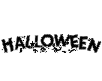 Digital Vintage 1920s Halloween Title Element Vector Clipart | Bats Owl Witch Black Cats Jack-o-Lantern Spooky Header Download SVG PNG JPG