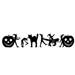 May include: Black silhouette of a jack-o'-lantern, a cat, and five goblins. The goblins are wearing pointy hats and holding various objects, including a bow and arrow, a broom, and a cauldron.