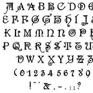 Vector Clipart Vintage 1910s Fantasy Iniciales Alfabeto / Mayúsculas, Letras minúsculas, Números, Puntuación Letras SVG PNG escrito a mano