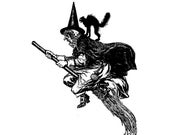 Vintage Edwardian Witch Vector Clipart | Scary Witch Flying on Broom with Black Cat Digital Spooky Halloween Instant Download SVG PNG JPG