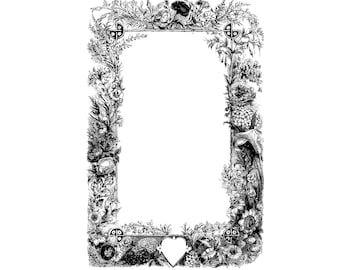 Digital Vintage Ornate Floral Victorian Border with Heart | Antique Decorative Frame | Flowers Nature Vector Clipart SVG PNG JPG