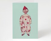 Fool For Your Love 5x7" A7 Notecard Victorian Boy in Valentine Clown Pierrot Style Clown Suit with Hearts greeting card