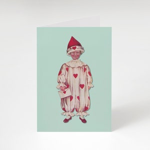 Dwaas voor je liefde 5x7" A7 Notecard Victoriaanse jongen in Valentijn Clown Pierrot stijl Clown pak met harten wenskaart