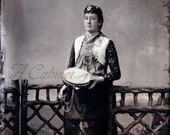 Antique Photo DOWNLOAD | Woman with Tambourine | ethnic costume Romani? Ukrainian? tintype photograph bohemian png jpg