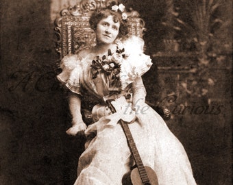 Antique Photo DOWNLOAD | Victorian Lady with Guitar & Flowers | female musician woman musical instrument photograph picture digital png jpg