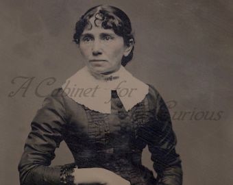 Antique Photo DOWNLOAD | Victorian Lady with Wide Collar, Lace Cuffs, and Brooch | 1860s tintype woman photograph picture digital png jpg