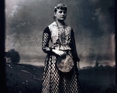 Antique Photo DOWNLOAD | Woman with Tambourine | ethnic costume Romani? Ukrainian? tintype photograph bohemian png jpg