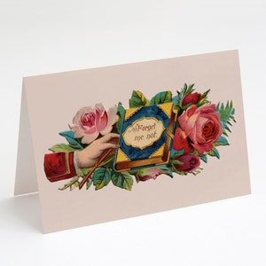 Druckbare Vergissmeinnicht 5x7" A7 Grußkarte, Goodbye Farewell viktorianische Hand, Buch & Rosen Vintage Blumen Floral notecard altmodisch