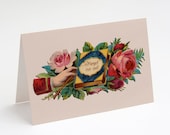 Printable Forget Me Not 5x7" A7 Greeting Card, Goodbye Farewell Victorian Hand, Book & Roses Vintage Flowers Floral notecard old fashioned