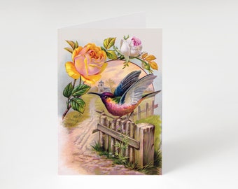 Printable Country Lane Hummingbird 5x7" A7 Notecard Victorian Bird Illustration Old Fashioned Roses Countryside Flowers Floral greeting card