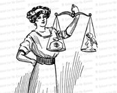 Vintage Victorian Lady Justice Weighing Money versus Love Clipart | Antique Goddess of Justice | Woman, Cupid, Scales Vector SVG PNG JPG
