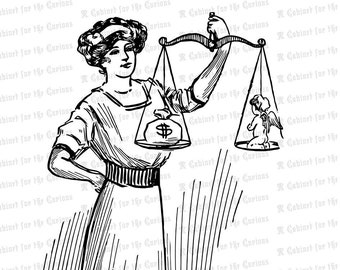 Vintage Victorian Lady Justice Weighing Money versus Love Clipart | Antique Goddess of Justice | Woman, Cupid, Scales Vector SVG PNG JPG