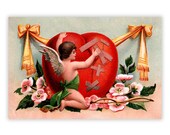 Printable Victorian Cupid Mending Broken Heart Digital 4x6 Postcard: 1900s Style Old Fashioned Valentine Flat Card Romantic Love