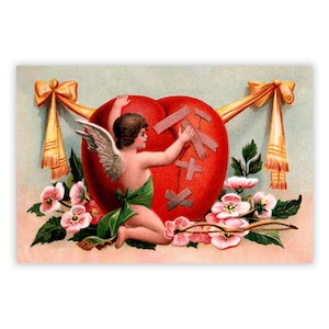 Cupido vittoriano stampabile rammendo cuore spezzato Cartolina digitale 4x6: 1900 stile vecchio stile San Valentino carta piatta amore romantico