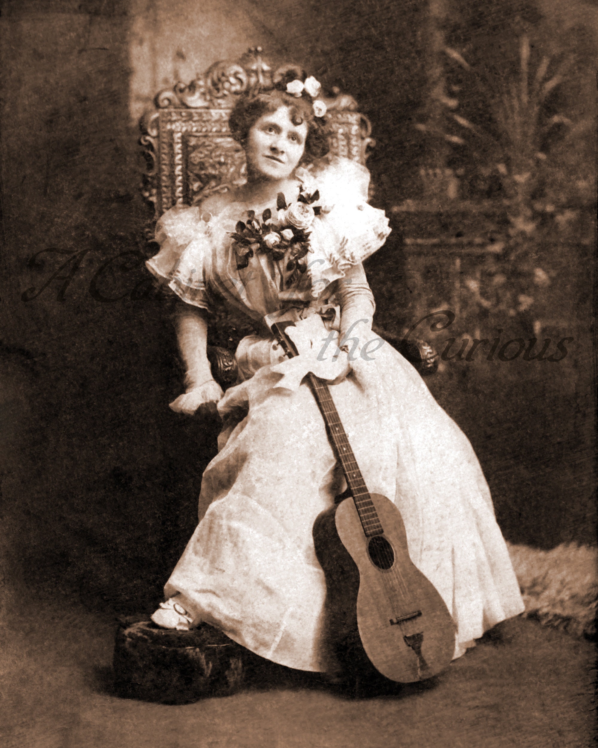 Antique Photo DOWNLOAD | Victorian Lady with Guitar & Flowers | female  musician woman musical instrument photograph picture digital png jpg