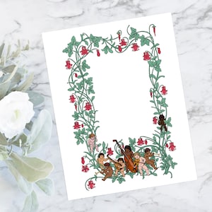 Cherub Musicians and Columbine Color Flower Frame | Printable Valentine&#39;s Day Border | Vector Romantic, Wedding, Floral SVG PNG JPG